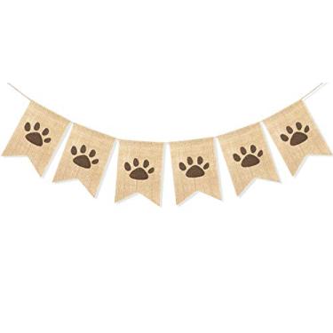 Imagem de Uniwish Faixa com estampa de pata de cachorro tema animal decorações de festa de aniversário, enfeites rústicos de aniagem para animais de estimação suprimentos para festa guirlanda adereços para fotos