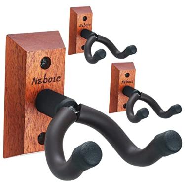 Imagem de Neboic Pacote com 3 suportes de parede para guitarra – cabides de madeira para guitarra com ganchos para acústico, elétrico, baixo, ukulele, banjo, bandolim