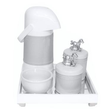 Imagem de Kit Higiene Espelho Potes, Garrafa, Molhadeira e Capa Cavalinho Prata Quarto Bebê Unissex