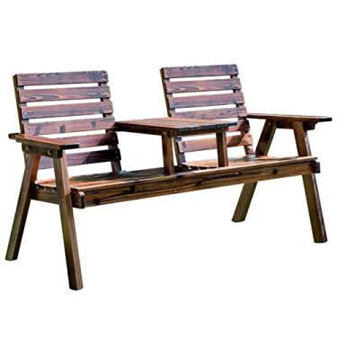 Imagem de KIZQYN Banco de jardim externo banco de madeira pátio banco duplo com mesa de centro e encosto para varanda, terraço, jardim, processo de carbonização, móveis de lazer ao ar livre bancos ao ar livre