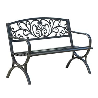 Imagem de KIZQYN Banco de jardim banco ao ar livre banco de lazer de jardim banco externo de aço de alta resistência com móveis de lazer entalhados oco requintado para pátio, varanda, bancos externos de varanda (cor: cinza)