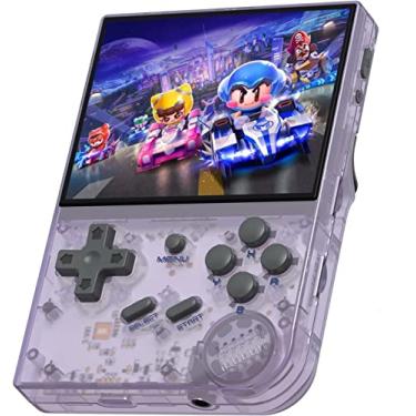 Imagem de Máquina de jogo handheld RG35XX, sistema Linux da tela do IPS de 3, 5 polegadas com cartão 64G TF incorporado 5474 jogos clássicos saída da tv do apoio HDMI (purple)