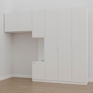 Imagem de Guarda Roupa Modulado de Solteiro com Mesa de Cabeceira Direita 7 Portas 3 Peças Hera Cabecasa Madei Branco Geada/cromado
