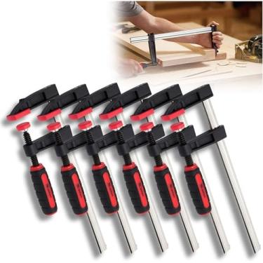 Imagem de Kit 6 Grampo Sargento Tipo F 14pol 37cm 63kg Ajuste Aperto Rápido Descerrar c/Cabo de Madeira P/Carpinteiro Marceneiro Fixação de Peças e Móveis 300x50x370mm