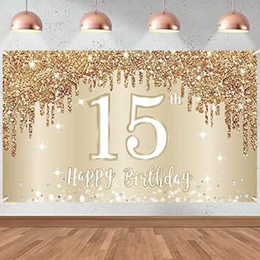 Imagem de Decoração de fundo de faixa de feliz aniversário de 15 anos para meninas, artigos de festa de aniversário de 15 anos, decoração de pôster de fundo de cabine de fotos de aniversário de 15 anos (188 x 110 cm)
