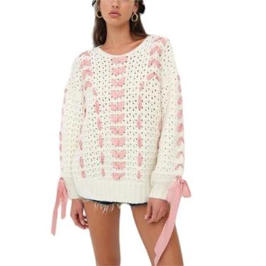 Imagem de Cardigã feminino Y2K cropped manga longa decote em V fita de cetim laço laço dezembro suéter pulôver de malha com botão para baixo, C - rosa, M