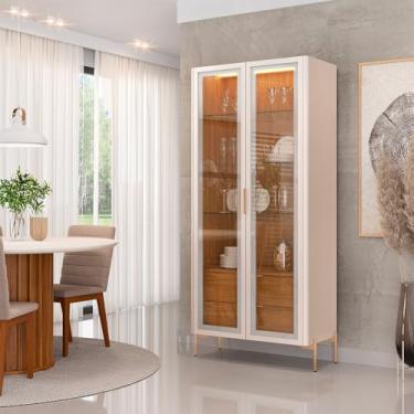 Imagem de Cristaleira Decorativa Vitória com 3 Prateleiras e 2 Portas de Vidro Iluminação LED Pés Metálicos Dourados Off White/Freijó G18 - Gran Belo