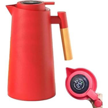 Imagem de Garrafa Térmica de Café 1000ml Plástico com Cabo de Madeira e Termômetro 1L vacuo Utensílios de Cozinha Mesa Posta Decoração Itens Para Casa Perfeita Para Café e Chá Quente e Frio (Vermelha)
