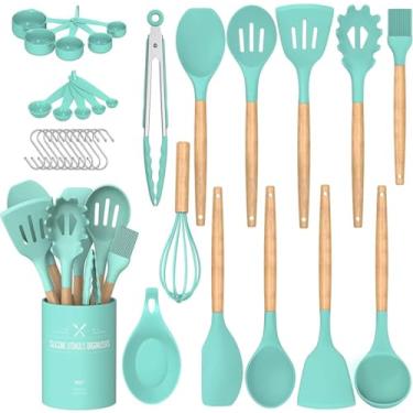 Imagem de Umite Chef Conjunto de utensílios de cozinha, 24 peças de silicone antiaderente, conjunto de espátulas com suporte, cabo de madeira resistente ao calor, conjunto de utensílios de cozinha de silicone