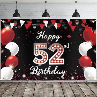 Imagem de JOYKY Banner de feliz aniversário de 52 anos, decorações de festa vermelhas e pretas para homens e mulheres, suprimentos de decoração de pano de fundo de 52 anos, 15 x 9 metros