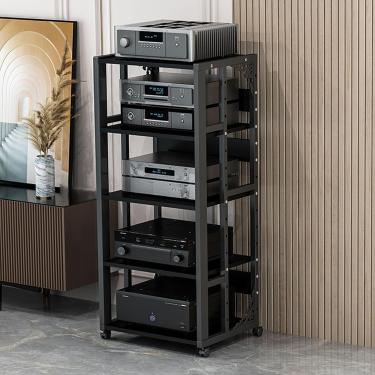 Imagem de Suporte de mídia AV móvel de 3/4/5 camadas Prateleira de canto Suporte para CD Player Gabinete de armazenamento de componentes estéreo Torre de rack de áudio com prateleiras de madeira ajust