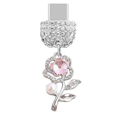 Imagem de ELISE & FONDA TP444 Tipo-C porta de carregamento USB cristal antipoeira pequena flor pingente de celular para iPhone 15/Samsung/OnePlus/Xiaomi/oppo telefones Android (rosa), approx. 1.6 cm (L) x 0.6