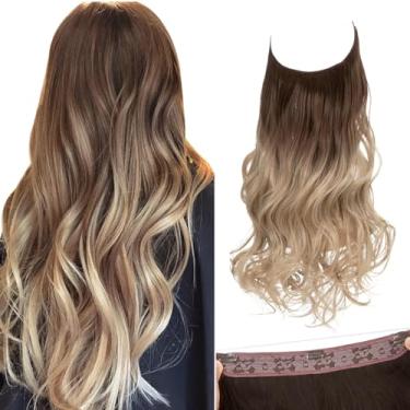 Imagem de SARLA Extensões de cabelo Ombre invisíveis com 3 clipes longos sintético ondulado encaracolado faixa de cabelo ajustável transparente para mulheres 45,7 cm marrom a loiro acinzentado