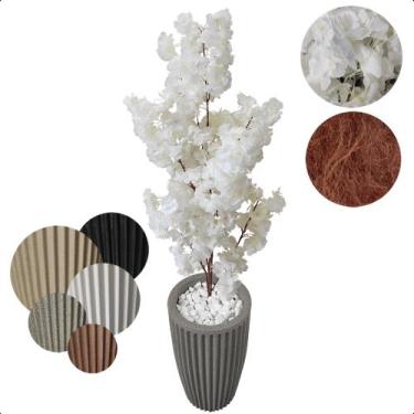 Imagem de Flor Cerejeira Branca Japonesa Arranjo Artificial com Vaso de Decoraçã