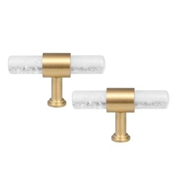 Imagem de Rockcloud Conjunto de 2 maçanetas de barra em T de pedra de cristal de rocha com parafusos, puxadores cilíndricos de gaveta puxadores para armário cômoda armário guarda-roupa decoração de casa, branco