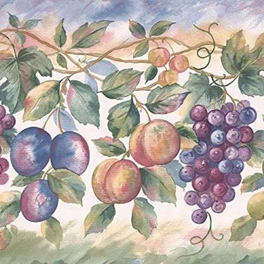 Imagem de CONCORD WALLCOVERINGS ™ Papel de parede com padrão de frutas, uvas, peras, ameixas, maçãs, folhas de videira para cozinha, casa de campo, casa de fazenda, roxo, verde, rosa, laranja, 4,5 m por 24 cm