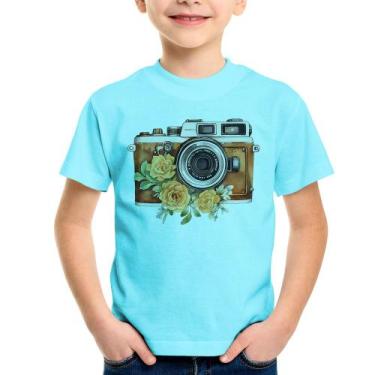 Imagem de Camiseta Infantil Máquina Fotográfica Vintage e Flores - Foca na Moda,