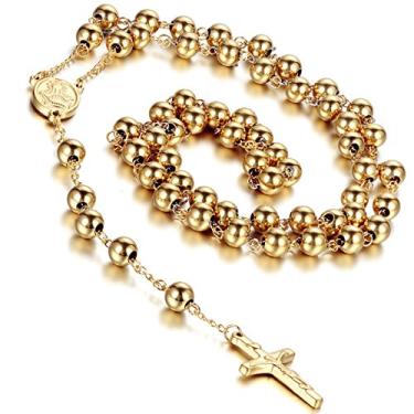 Imagem de Flongo Colar feminino masculino de aço inoxidável com pingente de rosário cruz crucifixo de Jesus Cristo de ouro de 8 mm, 94 cm