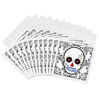 Imagem de 3dRose Day of the Dead Skull Día de los Muertos Sugar Skull Design de rolagem vermelho preto - Cartões comemorativos, 15 x 15 cm, conjunto de 12 (gc_28865_2)