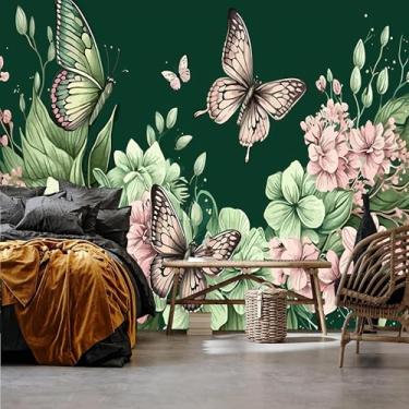 Imagem de Lcythiazole Tamanho personalizável Papel de parede pintado à mão papel de parede borboleta papel de parede vintage mural de fundo verde para sala de estar, quarto, quarto de menina