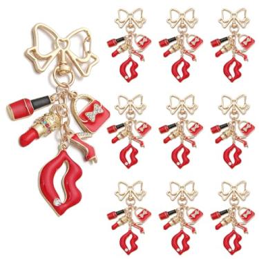Imagem de PHAETN 10 peças chaveiro moderno com laço dourado, batom vermelho, bolsa, pingentes de salto alto e lábios, pingente de gravata borboleta de metal com detalhes de cristal, chaveiro cosmético para