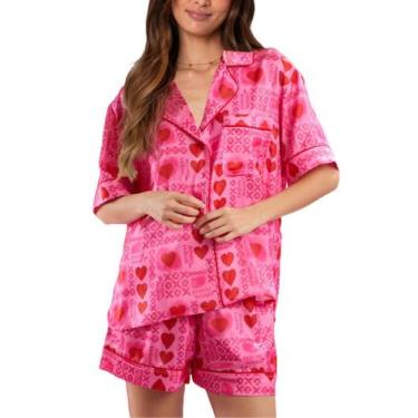 Imagem de Pijama Yiulangde Silk Heart para mulheres, cetim, 2 peças, rosa