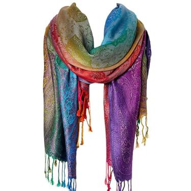Imagem de Cachecol Xale, Lenços Femininos Coloridos Padrão de Caju Lenço de Viagem Cachecol Xale Macio com Franjas Luxuoso Cetim Xale Envoltório, Colorido, standard
