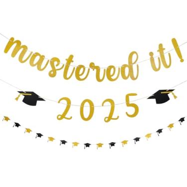 Imagem de Decorações de formatura Mastered It 2022, faixa dourada com glitter Mastered It 2022 e guirlanda de bonés de formatura, decorações de festa de formatura 2022, suprimentos de decoração de formatura para formatura