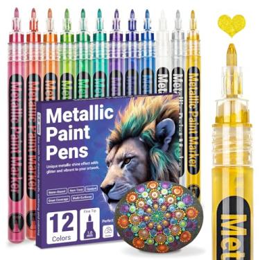 Imagem de SAKEYR Marcadores de tinta acrílica metálica – Canetas de tinta com glitter de ponta fina de 1,0 mm para pintura rupestre, pedra, vidro, cerâmica, madeira, tecido, papel preto, diários de scrapbook,