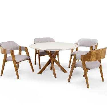 Imagem de Mesa De Jantar Redonda Cora 120cm Off White M04 Com 04 Cadeiras Living Suran Linho Bege - Lyam