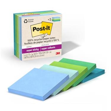 Imagem de Post-it Notas super adesivas de papel reciclado 100% reciclado, 2X The Sticking Power, 7,6 x 7,6 cm, 5 blocos, 70 folhas/bloco, coleção Oasis (654R-5SST)