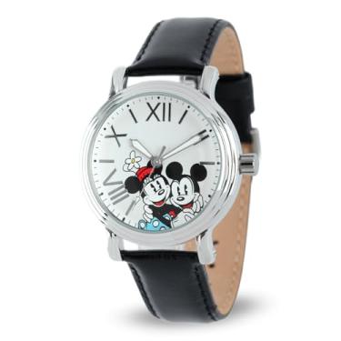 Imagem de Disney Relógio feminino oficialmente licenciado do Mickey e da Minnie Mouse, relógios elegantes Mickey e Minnie para mulheres, relógio clássico, mostrador branco, pulseira de couro preto, Preto