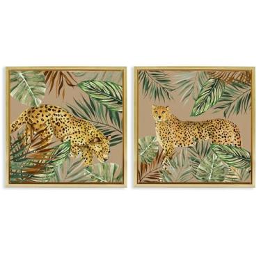 Imagem de Stupell Industries Jungle Prowler Cheetahs Conjunto de tela flutuante com moldura dourada de 2 peças por Janet Tava, 25 x 25