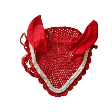 Imagem de Touca de orelha de cavalo, véu de mosca, crochê, equestre com tubulação vermelha, tamanho completo