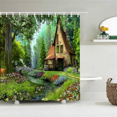 Imagem de Cortina de chuveiro de floresta decoração tecido cortinas de banheiro pintura a óleo paisagem tela de banho com 12 ganchos, JK6774, L90 x A180 cm