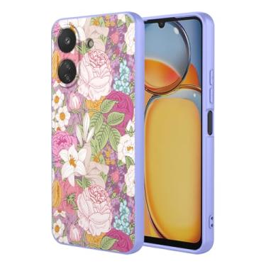 Imagem de WLNYQF Capa para Xiaomi Redmi Note 13C/Poco C65 4G - Capa de gel suave TPU com estampa de flor rosa de silicone líquido com proteção para câmera, capa à prova de choque e forro de microfibra, roxo