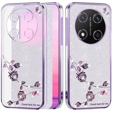 Imagem de Yarxiawin Capa de telefone para Honor Magic 7 Lite Slim Aesthetic, efeito glitter para Honor Magic 7 Lite capa transparente silicone macio Shockpooof capa rosa floral para mulheres (prata-roxo)