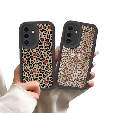 Imagem de Zrutru Pacote com 2 capas de telefone pretas com estampa de guepardo para Samsung Galaxy S23 5G Cherry Bow Leopard, capa de TPU à prova de choque para mulheres e meninas, capa de proteção contra