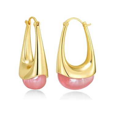 Imagem de SNGIA Brincos femininos longos ovais grossos banhados a ouro 18 K com pedras preciosas de resina colorida da SNGIA, (verde, marrom, azul, rosa, branco, creme), joias boêmias irregulares exageradas