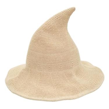 Imagem de DIYDECAL Chapéu de bruxa feminino tricotado para festa de Halloween, baile de máscaras, cosplay, fantasia bege