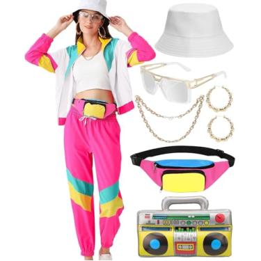 Imagem de VillbeCoser Conjunto de acessórios para fantasia de agasalho feminino dos anos 80 e 90, jaqueta corta-vento neon, Branco, rosa, G