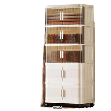 Imagem de Caixa organizadora armario armazenamento dobrável empilhavel com porta rodinhas multiuso(55cm(leitebranco 5camadas))