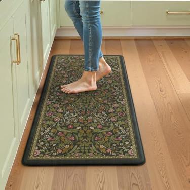 Imagem de Collive Tapetes de cozinha para chão, tapete acolchoado antifadiga antiderrapante, impermeável, tapete de pia de cozinha, tapetes florais vintage verde tapete confortável para lavanderia, mesa, bar