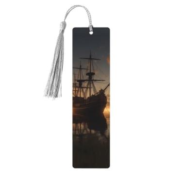 Imagem de Marcador de livro Ship in The Lake Sunset Wood Bookmark for Men Women Reading Wooden Bookmarks Unique Handmade Book Marks with Tassel Pendant Craft Bookmark for Book Lovers Birthday Teachers Gift