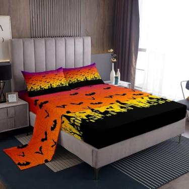 Imagem de Feelyou Jogo de lençol king de teia de aranha de morcego com bolsos profundos de 40,6 cm Happy Halloween para crianças, meninos, meninas, castelo assustador, festival fantasma, tema de terror, laranja
