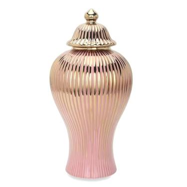 Imagem de Vaso de cerâmica de gengibre rosa dourado com tampa, vaso decorativo de cerâmica moderna de luxo para decoração de casa, grande