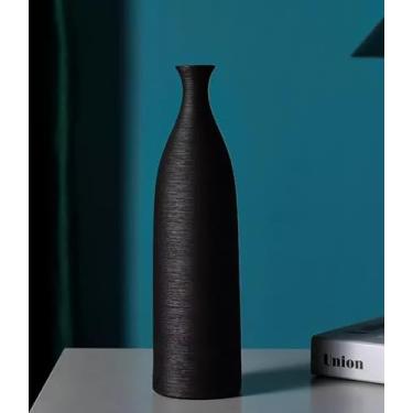 Imagem de Vaso de flores de cerâmica preta de 25 cm, textura canelada feita à mão, peça central minimalista para grama dos pampas, hastes secas, base antiderrapante, decoração de casa moderna para mesa, estante
