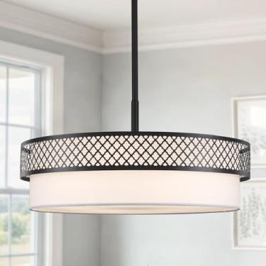 Imagem de Lustre preto de tambor de 54,6 cm para sala de jantar lustres modernos de 5 luzes para casa de fazenda de tecido branco luminária suspensa grande para sala de estar quarto cozinha foyer sobre mesa