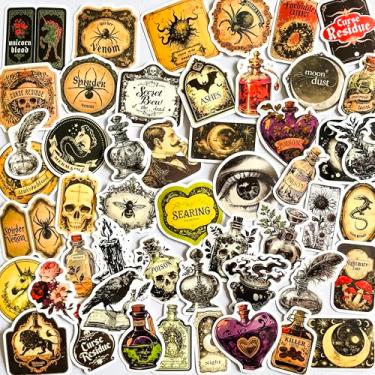 Imagem de 50 adesivos de poção de boticário gótico – Caveira vintage, garrafas de veneno, feitiços mágicos, aranha, designs ocultos – Decalques de vinil à prova d'água para scrapbook, agenda, decoração de