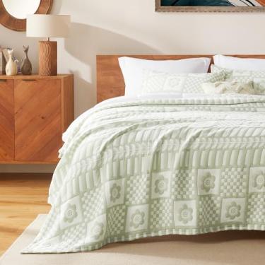 Imagem de SLEEP ZONE Conjunto de colcha floral casal/queen de algodão jacquard macio e leve, conjunto de 3 colchas, para todas as estações, 228 x 152 cm, verde fosco